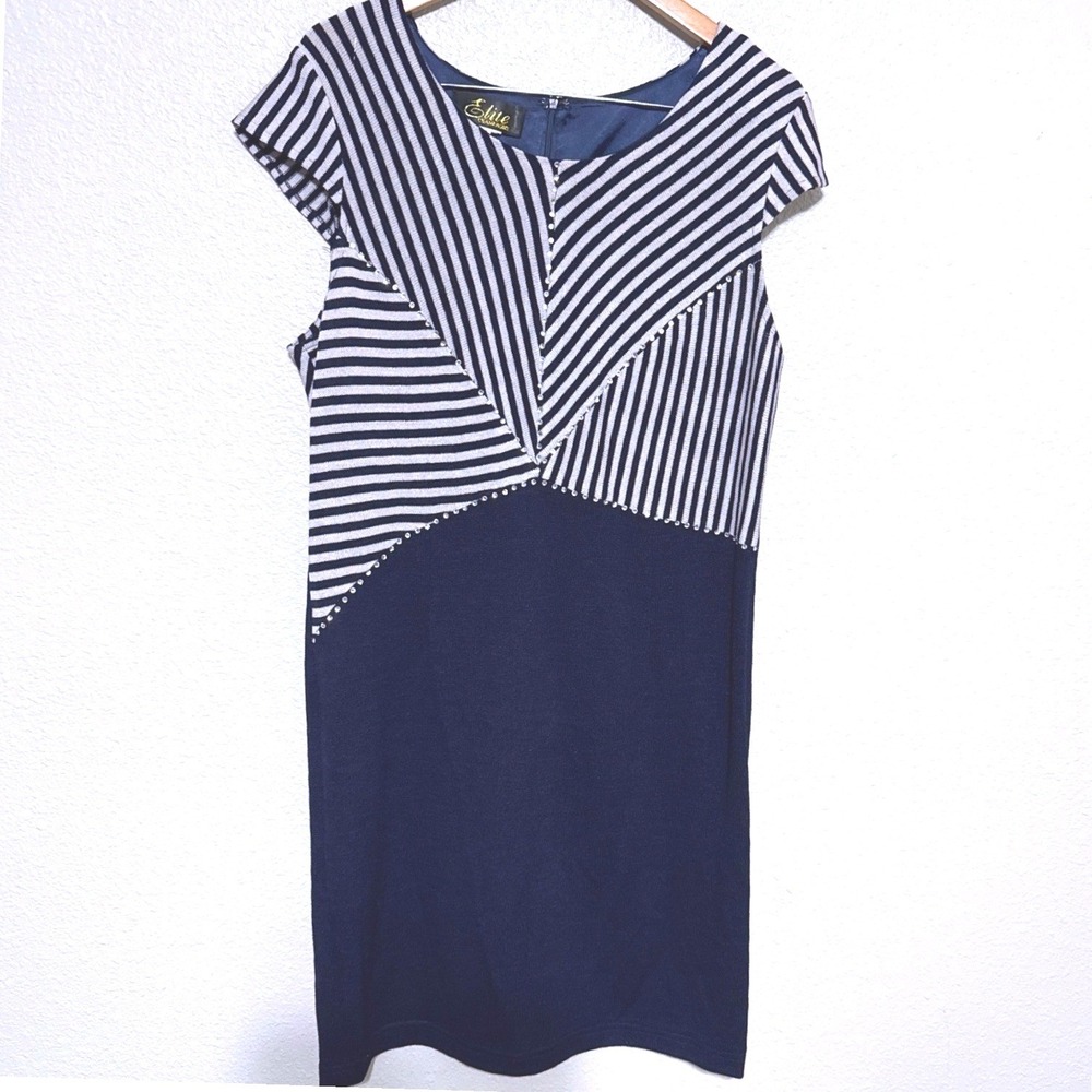 Elite Champagne Navy White‎ Striped Sheath Dress Size 16 Bling Rhinestone Easter